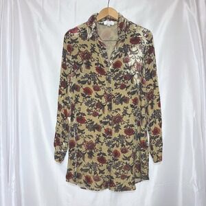 Jade by Johnny Was Floral Silk Blend Velvet Button Down Tunic Top Gold Red Small
